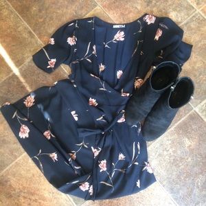 Navy and Pink Floral Wrap Dress